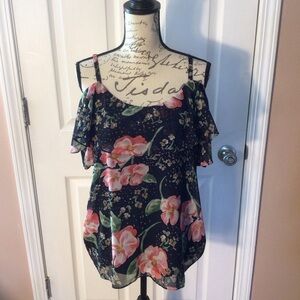 Woman’s CAbi Blue Floral Off the Shoulder Ruffled Sleeveless‎ Top